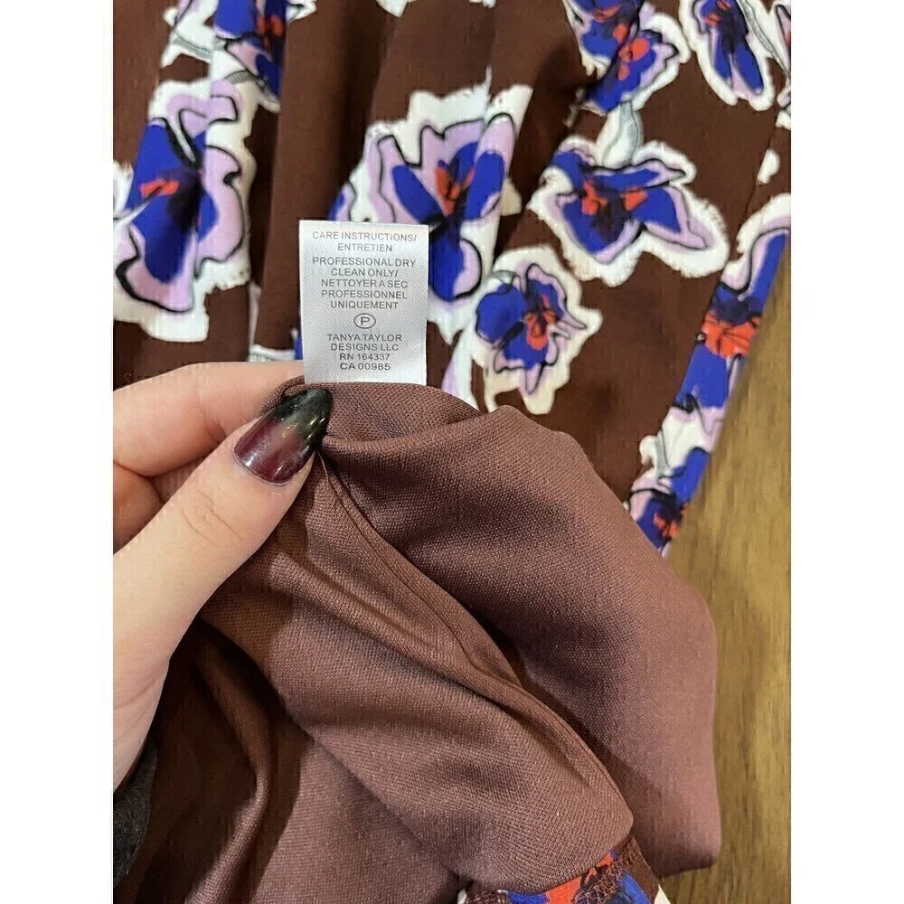 Tanya Taylor Brown Amara Floral Brown & Blue Midi Dress, 3/4 sleeves, Sz  Med